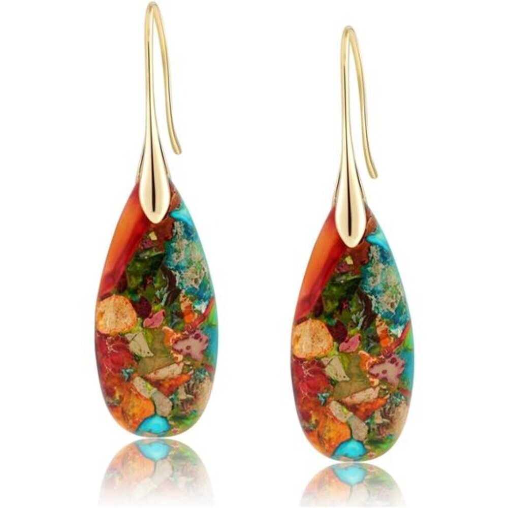Natural Healing Stone Fishhoop Dangle Drop Earrings Statement Gold silver